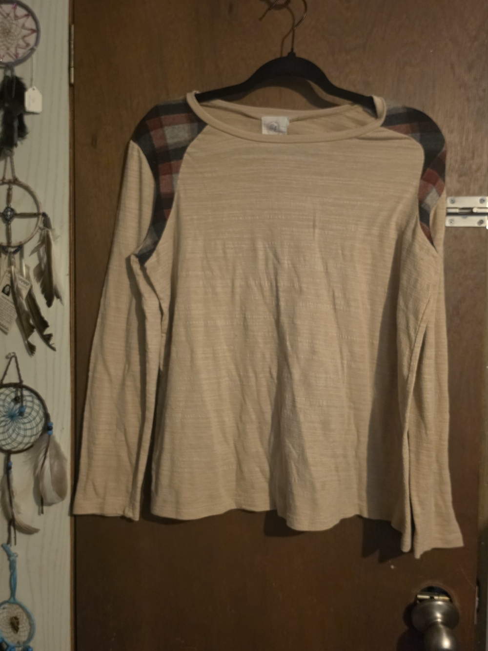 Women’s Long Sleeve Tee with Plaid Shoulder Detail - Beige